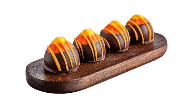 Four chocolate candies with orange drizzle