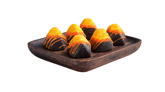 Six chocolate candies with orange drizzle