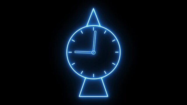 Glowing neon blue color clock icon animation watch stopwatch timer circle wall clock clock dial fast minute hours icon seamless effect footage on black background	