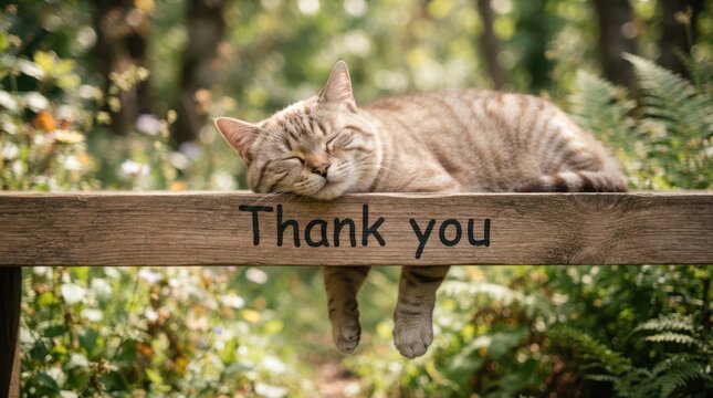 A cute tabby cat sleeping peacefully on a wooden bench with a thank you sign
