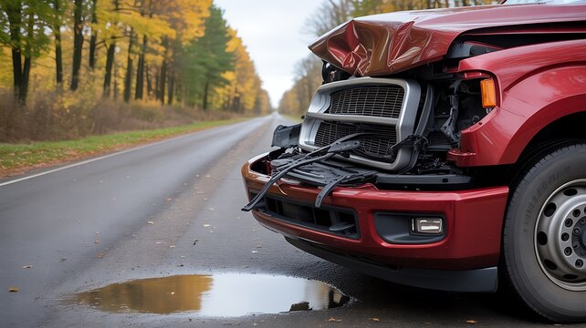 Damaged red truck after a car accident on road