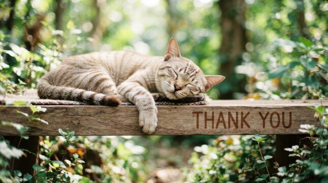 A peaceful tabby cat sleeping on a wooden bench in a lush garden
