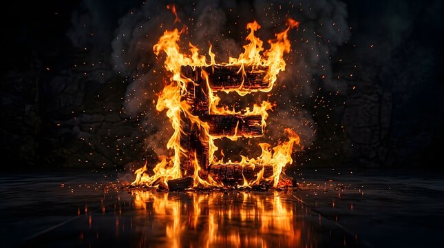 A flaming letter E made of glowing burning wood charred by intense fire