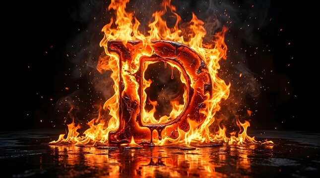 A fiery and molten glowing letter D burning on a dark reflective surface