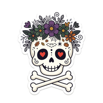Cute smiley sugar skull with heart eyes and floral crown above crossed bones. Death day of dead memento mori alternative rock rock n roll vector sticker. isolated on White Background
