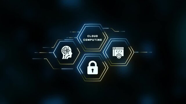 Modern cloud computing infrastructure graphic with smart AI, secure lock and developer icons