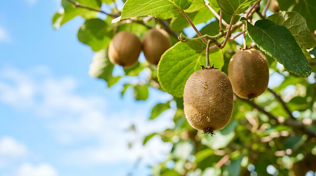 Fresh kiwi fruits hanging on a green tree branch.