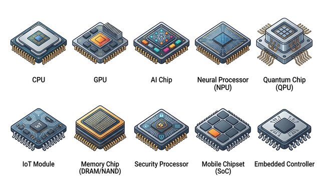 Set of Isometric Computer Hardware Chip Icons including CPU, GPU, AI, Quantum, and Memory Processors
