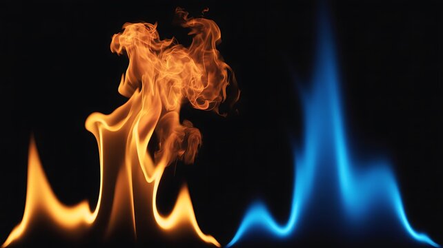 Orange and blue fire flames on black