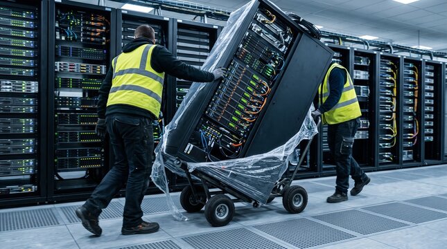 Dynamic Mid Action Shot of Two Hi Vis Workers Maneuvering a Shrink Wrapped Populated Server Rack Tilted Back on a Cart Down a Cold Lit Data Center Aisle Seen From Behind Technology