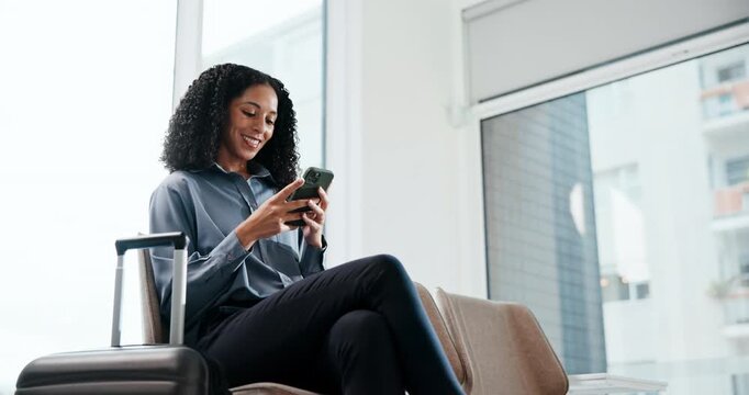 Businesswoman, travel or wait in airport with phone, thinking or check flight status for work trip. Happy, person and scroll in departure terminal with tech, mobile app or commute for job opportunity