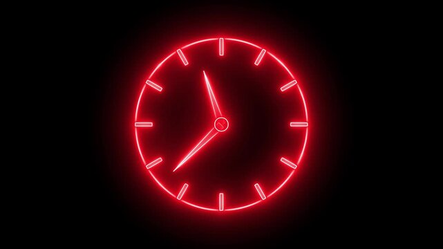 Glowing neon red color clock icon animation watch stopwatch timer circle wall clock clock dial fast minute hours icon seamless effect footage on black background	