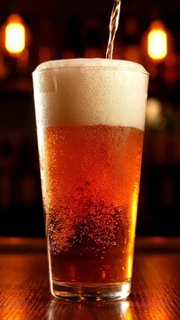 Craft beer pouring into chilled glass with foam