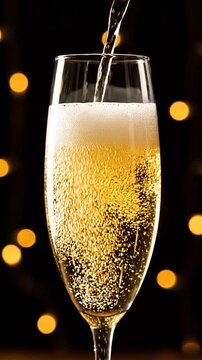 Champagne pouring into flute with rising bubbles