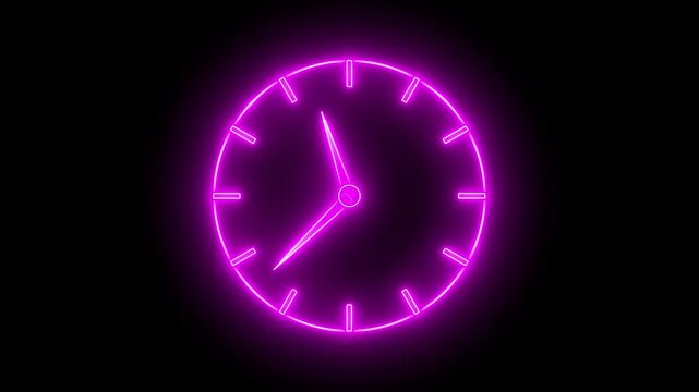 Glowing neon pink color clock icon animation watch stopwatch timer circle wall clock clock dial fast minute hours icon seamless effect footage on black background	