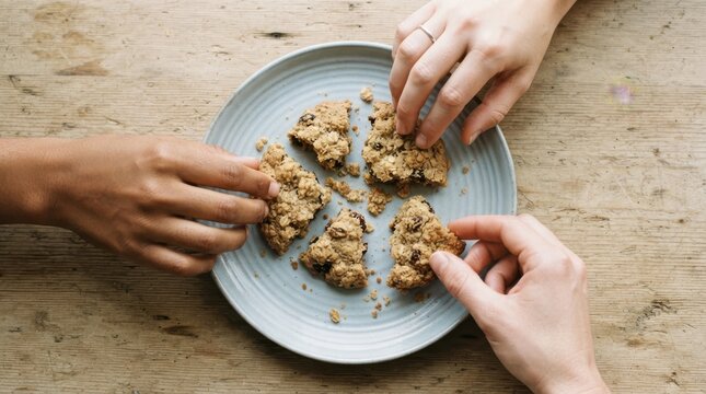 Three people reaching for pieces of a broken oatmeal raisin cookie on a plate
