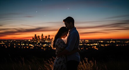 Fototapeta premium Couple embracing against a bokeh city skyline at night.