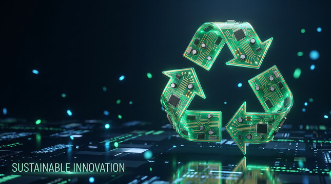 AI Generated Electronic Waste Recycling Concept with Circuit Boards Forming Green Circular Economy Symbol for Sustainable Technology