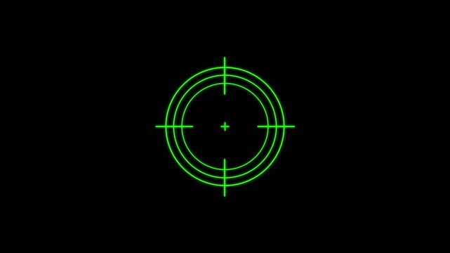 Shooting Target green Icon With Glitch Effect 4k animation of black background and sniper gun goal target symbol icon video.