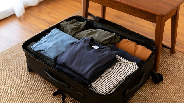 A neatly packed black suitcase filled with folded clothes sits on a woven rug near wooden furniture