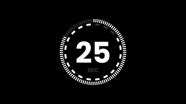 30 second countdown timer, digital circular animation from 30 to 0 seconds on black background.