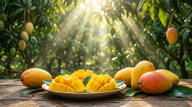 Fresh ripe mangoes on a wooden table in sunlight.