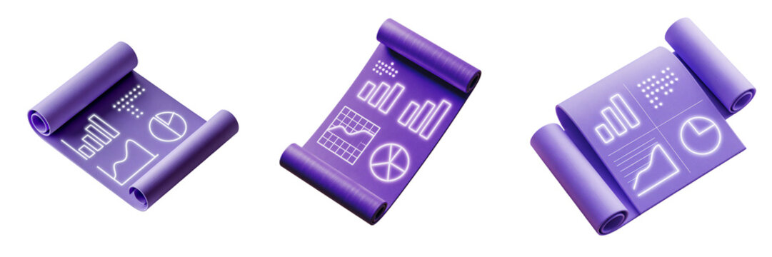 3d rendered purple scrolls with glowing data visualization charts isolated on transparent background