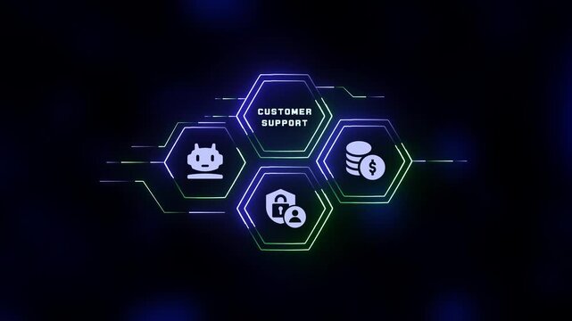 Cybernetic HUD interface displaying customer support icon for automated help desk and digital assistant