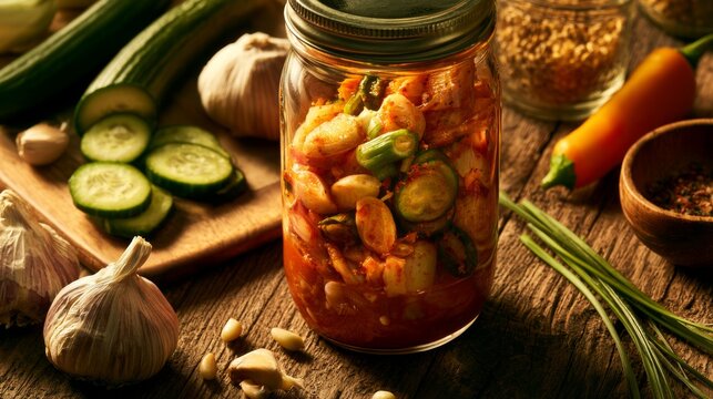 Freshly Prepared Home-Made Kimchi in Glass Jar Surrounded by Vegetables and Garlic on Rustic Wooden Table