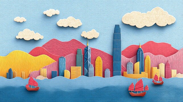 Colorful cartoon houses and boats floating on a bright blue ocean with white clouds