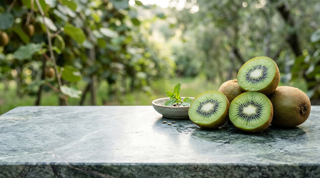 Freshly sliced kiwi fruit on a stone surface.
