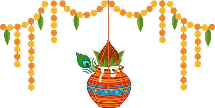 hanging dahi handi festival of shree krishna janmashtami decorative with garland flowers vector illustration
