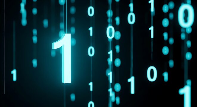 Glowing digital number one icon on dark binary code background for technology and data concepts