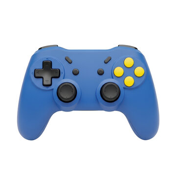 Blue video game controller with yellow buttons