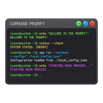 Command prompt window displaying colorful system lines and terminal code on a white background