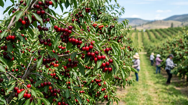 Ripe cherries growing on a lush orchard tree.