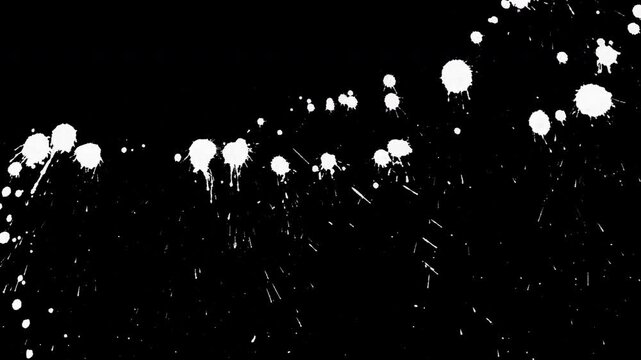 Monochromatic animation of white grunge ink splatter, ink drops, ink splats and textures on black background. Low frame rate effect. Seamless loop.