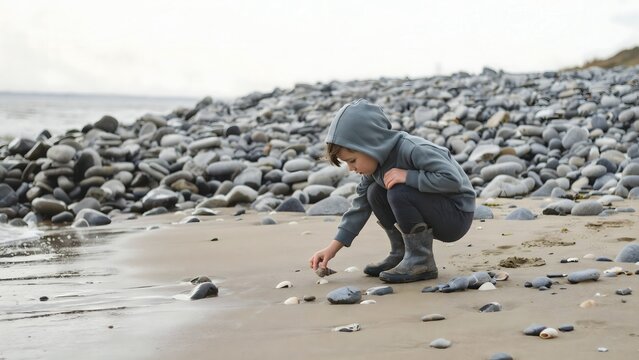 Child Playing and Picking Up Stones on Rocky Beach During Daytime