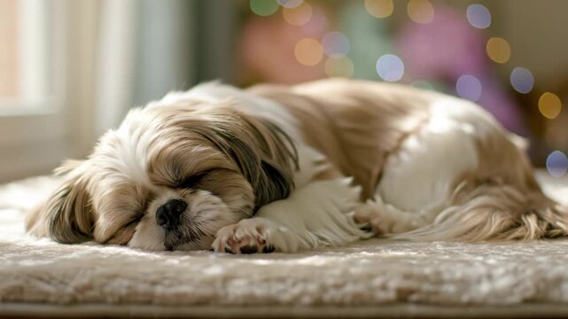 Cute Shih Tzu dog sleeping peacefully on a soft rug bathed in warm sunlight with bokeh lights in the background