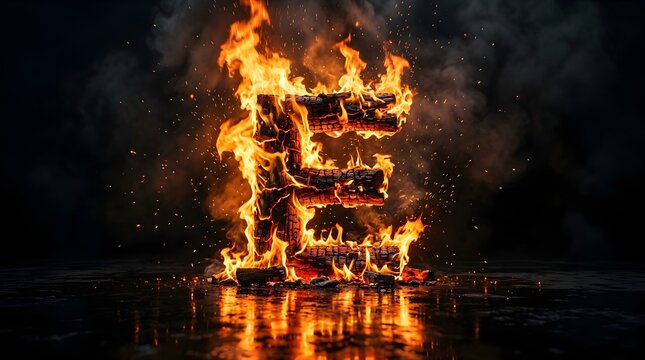 Flaming letter E made of glowing burnt wood logs with sparks and smoke