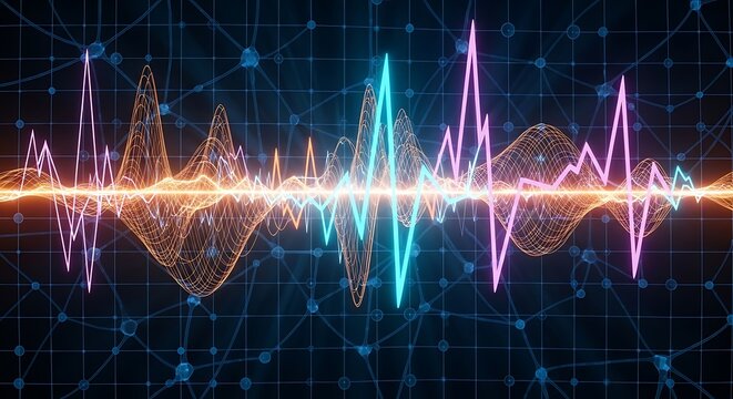 Vibrant sound wave visualization with colorful audio frequency spectrum on dark futuristic background