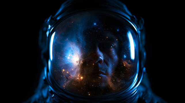 Astronaut with Galaxy Reflection in Helmet Visor in Deep Space