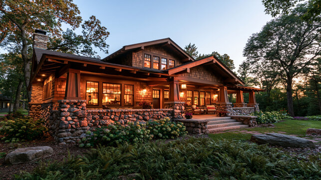 Craftsman Style House Exterior Glowing at Dusk in Forest