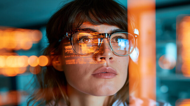 Female Software Developer Analyzing Data Code Reflection on Glasses