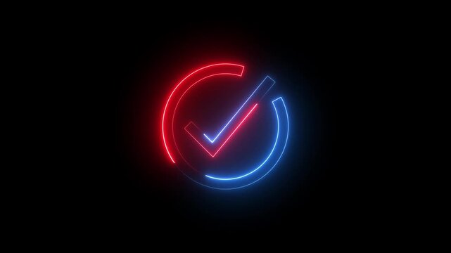 Glowing neon red and blue color checkmark sign icon animation circle tick accept done right confirm ok yes verify success sign symbol on black background