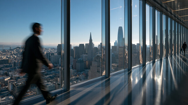 Businessman Walking in Modern High Rise Office Overlooking City Skyline