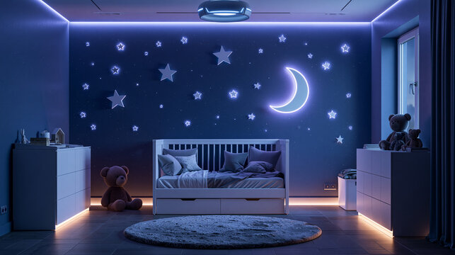 Modern Children Bedroom Interior with Starry Night Glowing Wall Decor