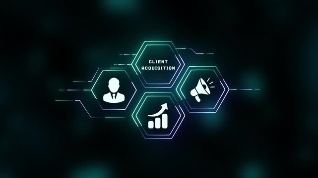 Futuristic digital technology display featuring client acquisition concept with user and business growth icons on dark background.
