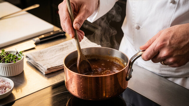 Chef gently stirring brown sauce in a copper saucepan with a wooden spoon