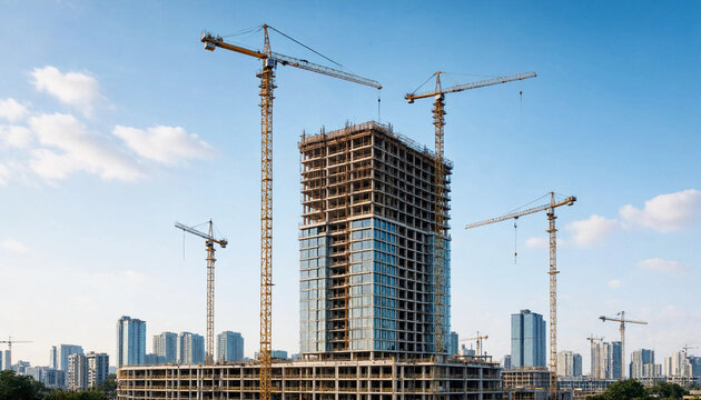 Tall residential tower under construction with multiple tower cranes against a clear blue sky construction building architecture development skyscraper engineering concrete structure